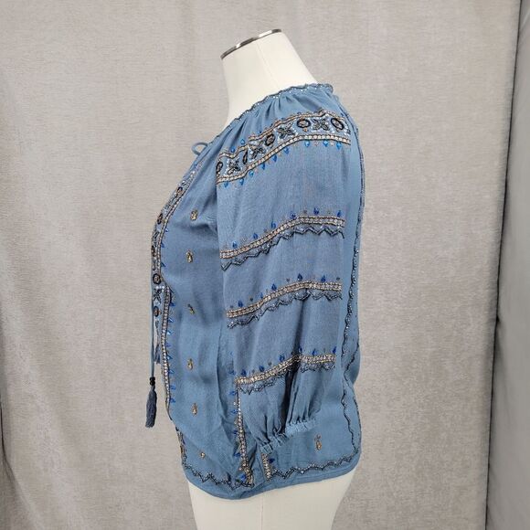 Raga Peasant Phoenix Blouse Beaded Blue Women's Size Large Viscose - Picture 3 of 12